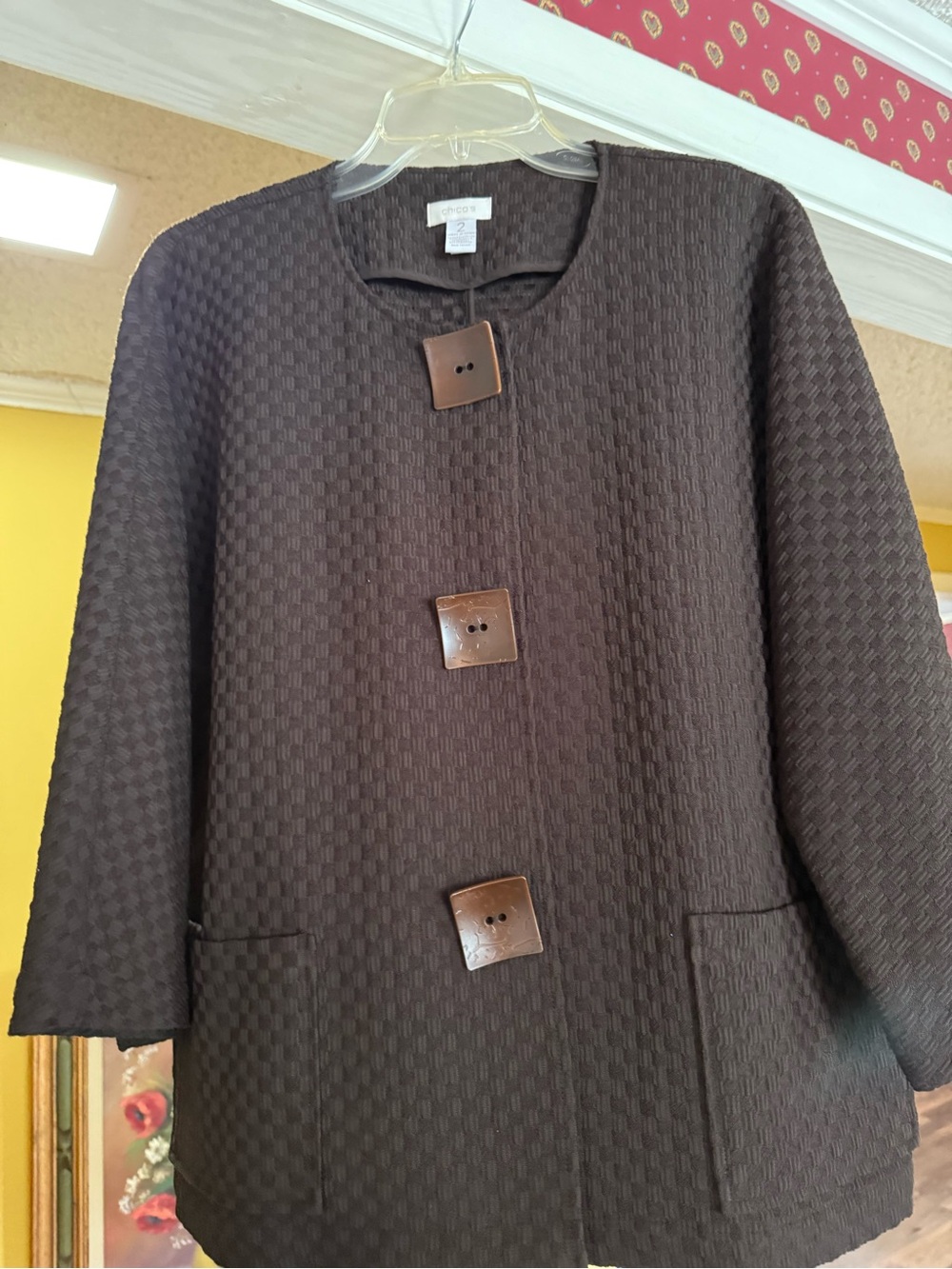 Chicos Women’s Brown woven jacket  with Square Button Accents